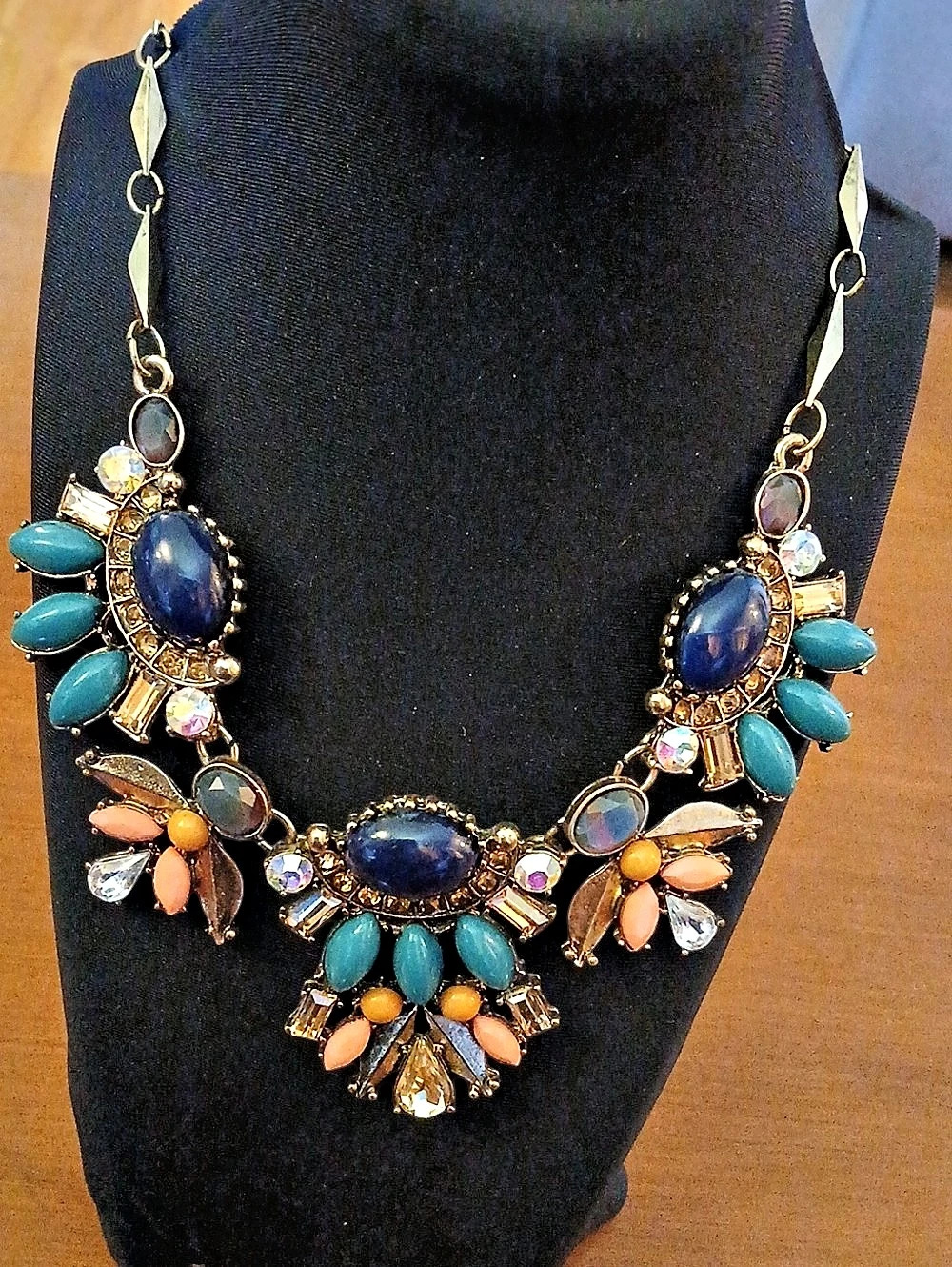 Statement Bib Necklace Vintage Colored Stones , Rhinestones Etc. Gold Toned